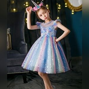 Girls Colorful Ruffled Mesh Dress Light Blue